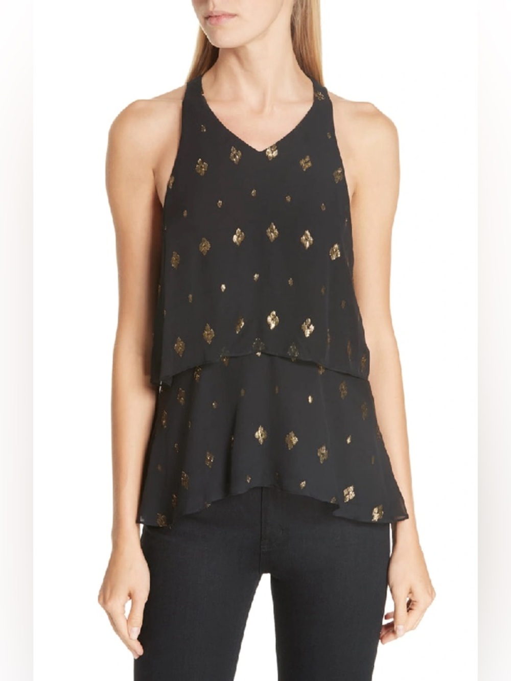 A.L.C. Duran Tiered Sleeveless Metallic Top In Black/ Gold Camisole Gold Foil